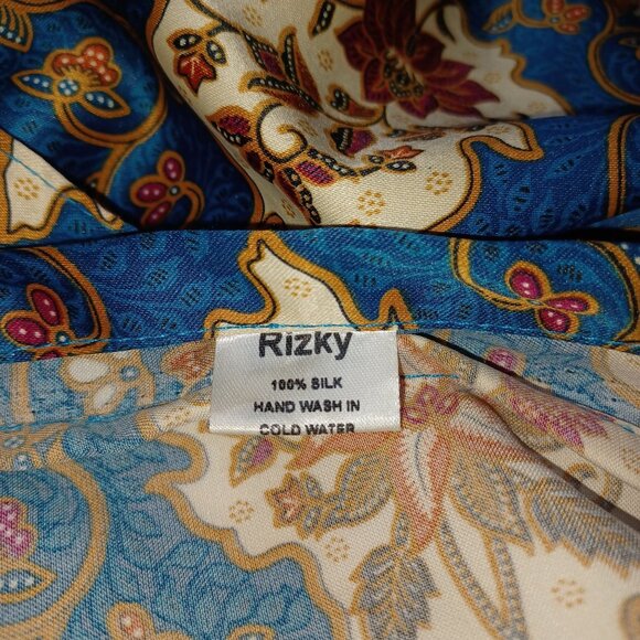 Rizky 100% Silk Kimono Robe OS Teal Orange Floral Scroll Boho Batik Eclectic - Picture 3 of 6